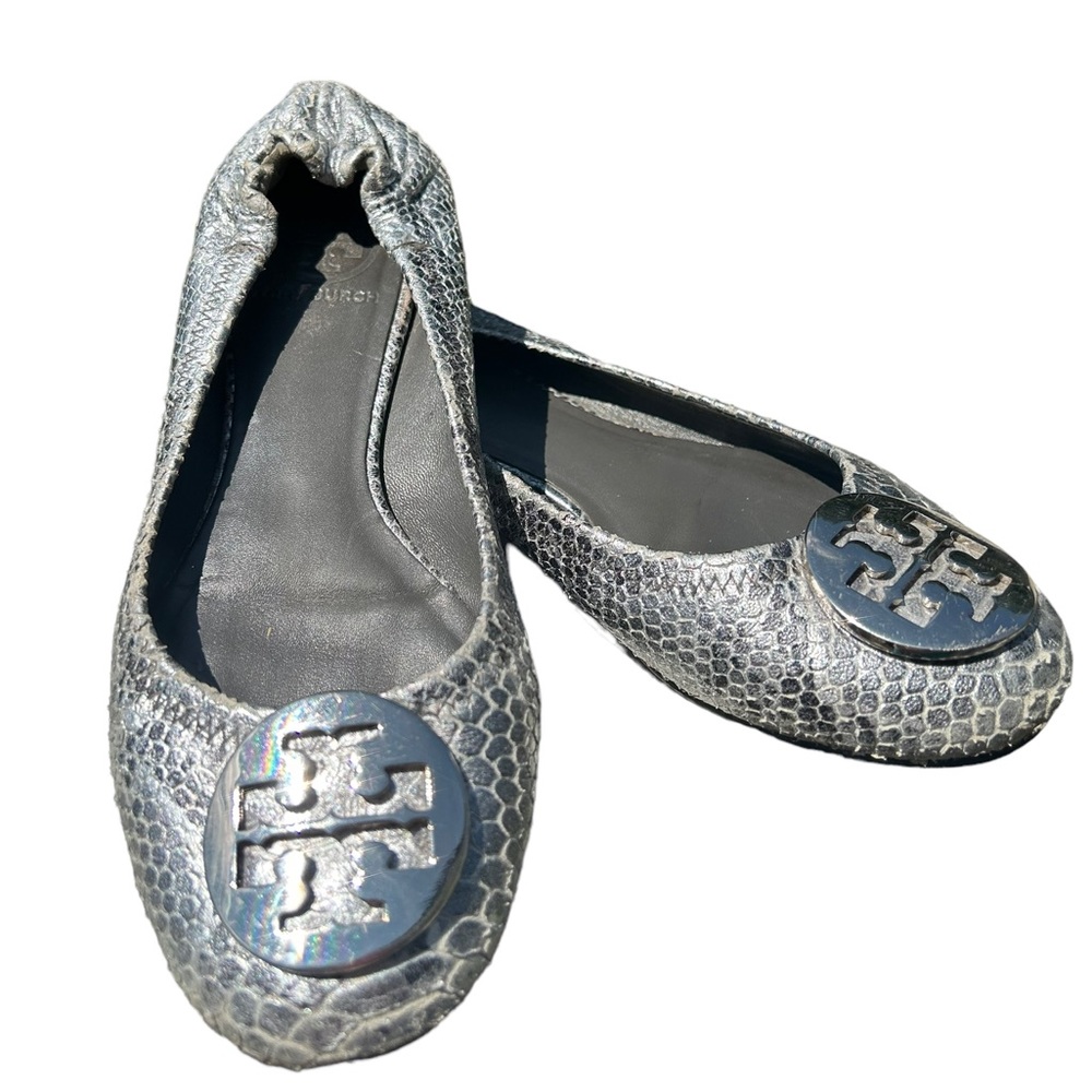 Tory Burch Reva Ballet Flats Snake Skin and Silver Hardware Size 7